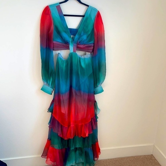 PATBO Sunset Cutout Maxi Dress Red blue green ruffle tiered 12 Rare - Picture 4 of 12